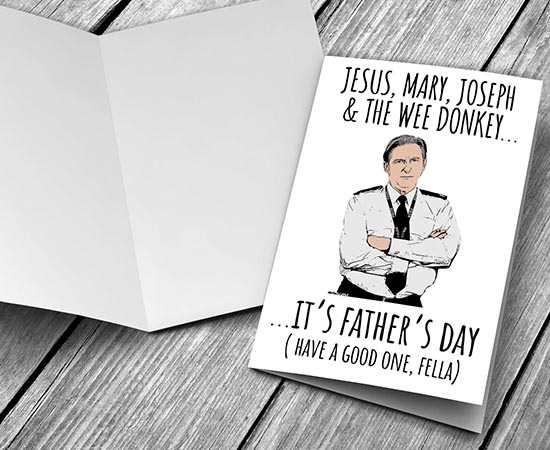 jesus, mary, joseph and wee donkey fathers day card