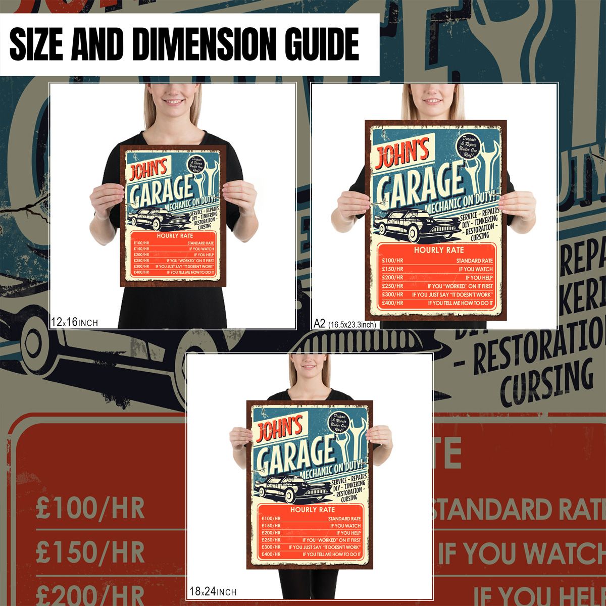 Retro Garage Workshop Mechanic's Hourly Rates Poster - Custom - Image 5